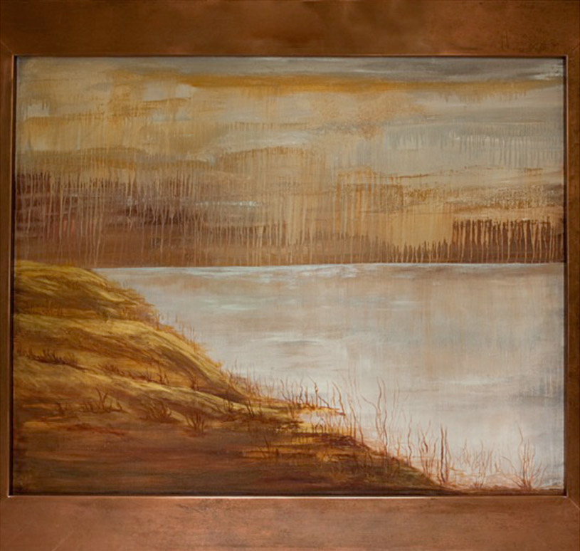 GOLD COAST
CUSTOM COPPER FRAME SURROUNDS AN ACRYLIC ABSTRACT 
SHORELINE HIGHLIGHTED IN METALLIC PAINT.
FRAMED 72 X 60”.

Location:
ARTIST WORK STUDIO
5302 LAKESIDE AVE,
VIRGINIA BEACH, VA 23451
(757) 491-3350